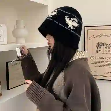 【秋冬降温必备】 攸委 黑色复古百搭通勤针织帽女冬季韩系百搭显脸小毛线水桶帽子 腈纶 加厚防寒保暖时尚绒线帽渔夫帽 男女同款情侣款