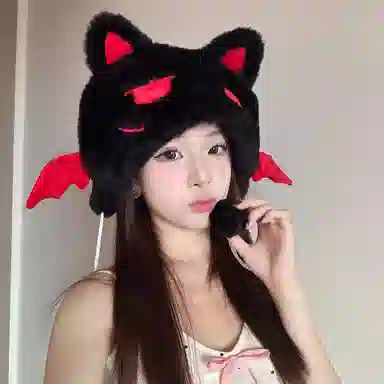 【甜酷Y2K~搞怪萌趣】 攸委 可爱甜美百搭小恶魔耳朵毛绒帽子女秋冬加厚保暖护耳帽 涤纶 卡通小喵滑雪套头帽雷锋绒线帽 男女同款情侣款
