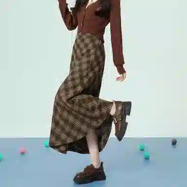 法文箱子 复古格子不规则长款休闲长裙 女款