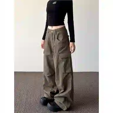 轻迎 美式复古大口袋休闲街头百搭宽松阔腿长裤工装裤 女款
