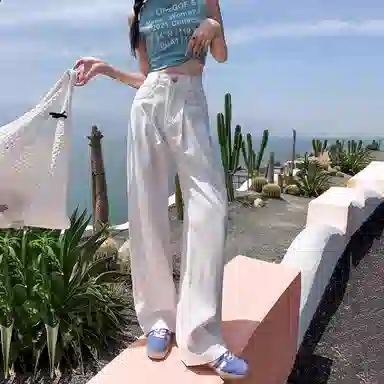 欧迪芬 韩式辣妹天菜小个子女神裤显瘦梨形身材白色皱褶窄版休闲裤子女士春夏秋显高腰遮肉直筒垂感拖地阔腿裤通勤百搭潮流女牛仔裤 女款