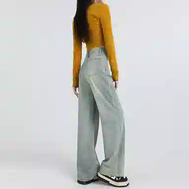 淑好百 复古阔腿口袋设计高腰牛仔裤 女款