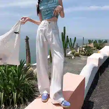 欧迪芬 韩式辣妹天菜小个子女神裤显瘦梨形身材白色皱褶窄版休闲裤子女士春夏秋显高腰遮肉直筒垂感拖地阔腿裤通勤百搭潮流女牛仔裤 女款