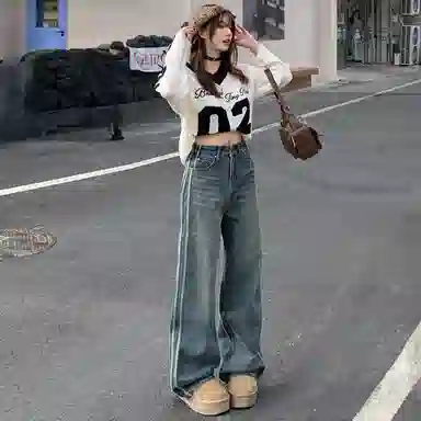 淑好百 复古高街侧条纹中低腰牛仔裤 女款