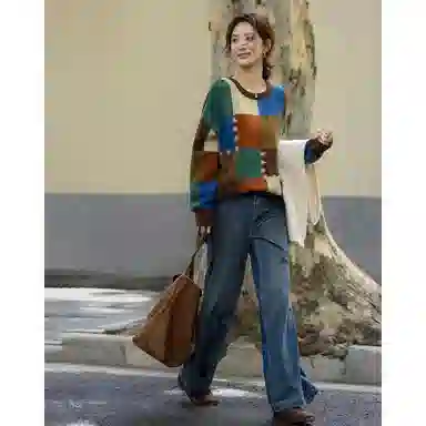 【dme】 慵懒撞色圆领格纹提花舒适时尚拼接休闲百搭长袖针织衫 女款