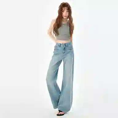 淑好百 高弹怀旧蓝喇叭裤休闲自然腰牛仔裤 女款