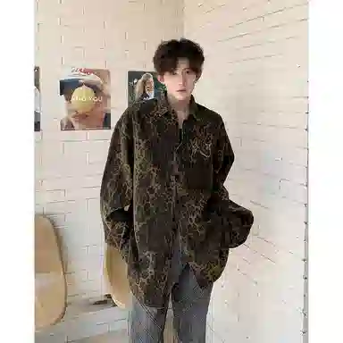 地界二 美式高街水洗豹纹夹克男潮牌嘻哈小众宽松休闲衬衣水洗豹纹牛仔外套 男款