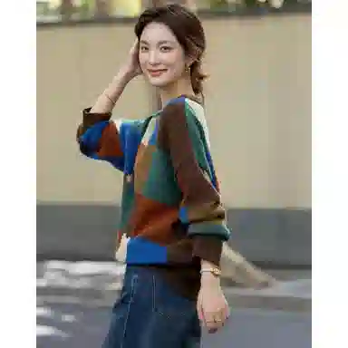 【dme】 慵懒撞色圆领格纹提花舒适时尚拼接休闲百搭长袖针织衫 女款