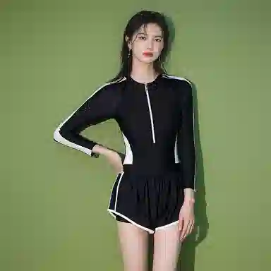 淑好百 保守长袖遮肚小清新风格连体泳装 女款