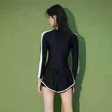 淑好百 保守长袖遮肚小清新风格连体泳装 女款