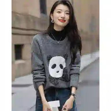 【dme】 含绵羊毛冬季萌趣撞色动物提花线衫圆领罗纹宽松女上衣可爱熊猫图案设计长袖毛衣亮片装饰休闲风格针织衫 女款