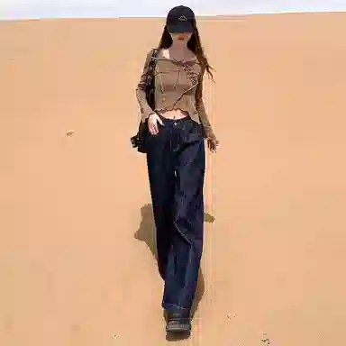 淑好百 美式复古宽松阔腿中腰牛仔裤 女款