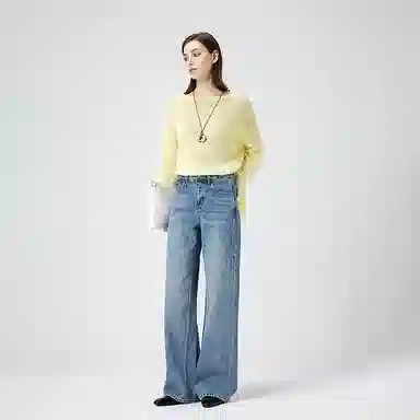 淑好百 纯棉抓纹阔腿休闲高腰牛仔裤 女款