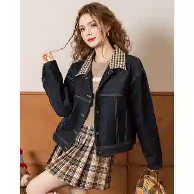 法文箱子 翻领格子拼接小个子牛仔外套 女款