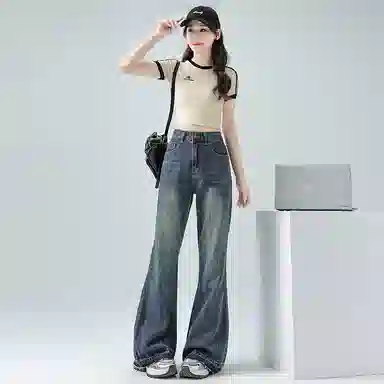 淑好百 高质量复古微喇中腰牛仔裤 女款