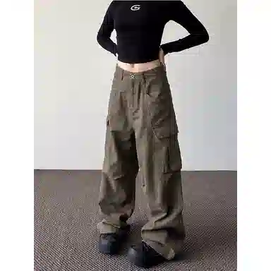 轻迎 美式复古大口袋休闲街头百搭宽松阔腿长裤工装裤 女款