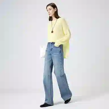 淑好百 纯棉抓纹阔腿休闲高腰牛仔裤 女款