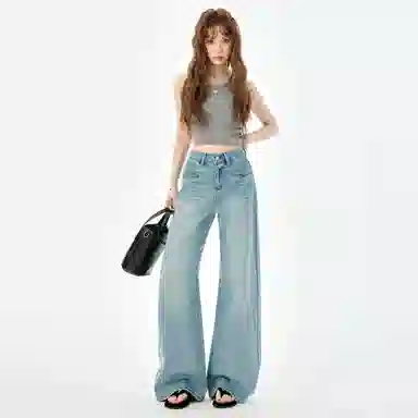 淑好百 高弹怀旧蓝喇叭裤休闲自然腰牛仔裤 女款