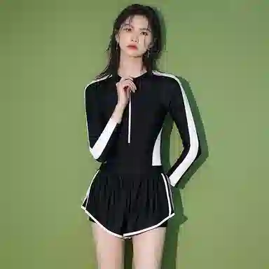 淑好百 保守长袖遮肚小清新风格连体泳装 女款