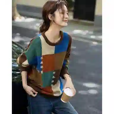 【dme】 慵懒撞色圆领格纹提花舒适时尚拼接休闲百搭长袖针织衫 女款