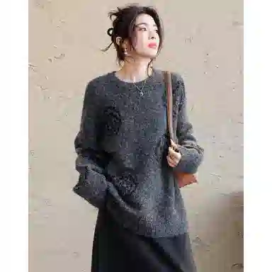 【dme】 秋季亮片玫瑰花线衫圆领长袖落肩宽松气质上衣舒适时尚柔软美式复古针织衫 女款