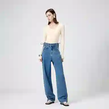 淑好百 拼接阔腿裤秋季高腰牛仔裤 女款