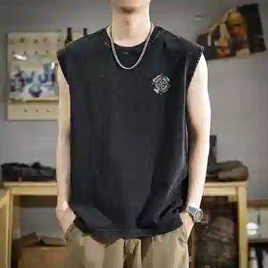 遨宇 美式新中性未来主义高级简约风纯棉重磅水洗情侣潮流印花痞帅无袖休闲坎肩背心 男女同款