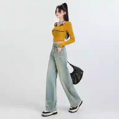 淑好百 复古阔腿口袋设计高腰牛仔裤 女款