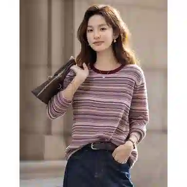 【dme】 含绵羊毛冬季复古圆领撞色条纹提花线衫宽松藏肉女上衣休闲舒适简约时尚百搭修身轻便透气针织衫 女款