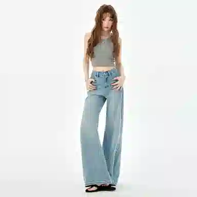 淑好百 高弹怀旧蓝喇叭裤休闲自然腰牛仔裤 女款