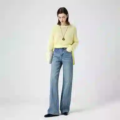 淑好百 纯棉抓纹阔腿休闲高腰牛仔裤 女款