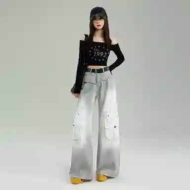 淑好百 宽松扎染设计感显瘦高腰牛仔裤 女款