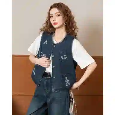 法文箱子 刺绣牛仔高级感马甲 女款