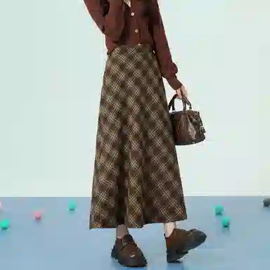 法文箱子 复古格子不规则长款休闲长裙 女款