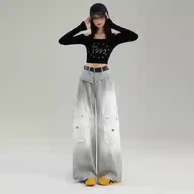 淑好百 宽松扎染设计感显瘦高腰牛仔裤 女款