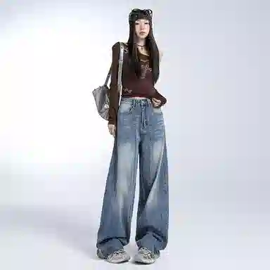 淑好百 复古宽松阔腿裤松弛风高腰牛仔裤 女款