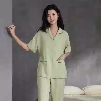 欧迪芬 高级简约短袖格纹常规翻领长裤睡衣套装 女款
