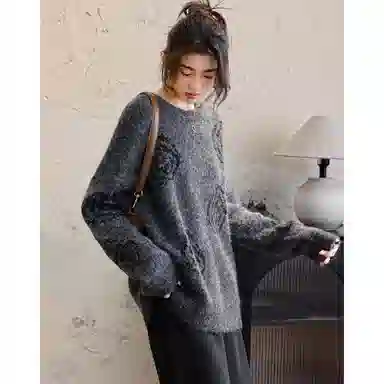 【dme】 秋季亮片玫瑰花线衫圆领长袖落肩宽松气质上衣舒适时尚柔软美式复古针织衫 女款