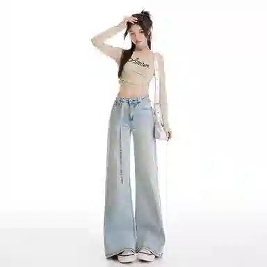 淑好百 弹力宽松阔腿休闲高腰牛仔裤 女款