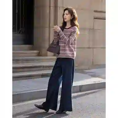 【dme】 含绵羊毛冬季复古圆领撞色条纹提花线衫宽松藏肉女上衣休闲舒适简约时尚百搭修身轻便透气针织衫 女款