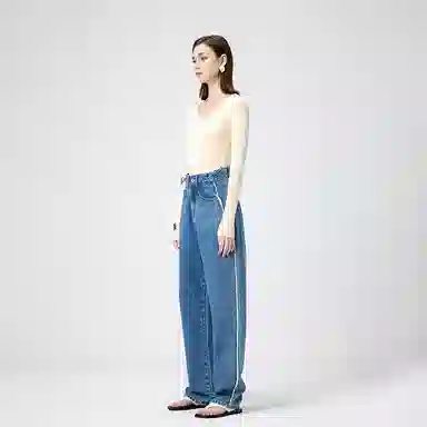 淑好百 拼接阔腿裤秋季高腰牛仔裤 女款