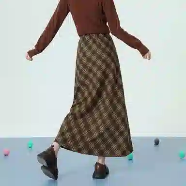 法文箱子 复古格子不规则长款休闲长裙 女款