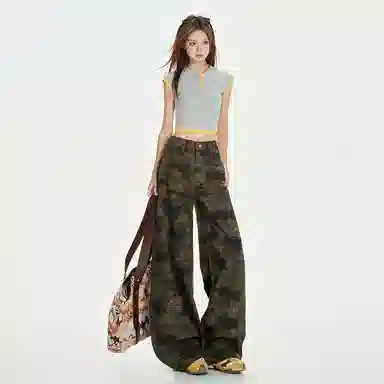 淑好百 迷彩阔腿春夏高腰牛仔裤 女款