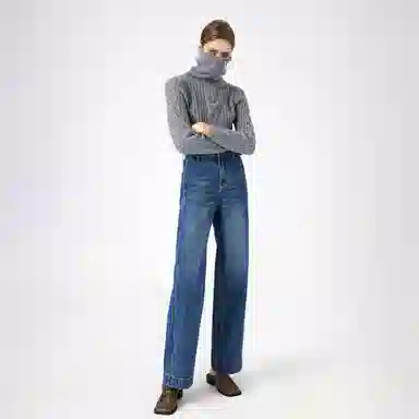 淑好百 深蓝色阔腿秋季高腰牛仔裤 女款