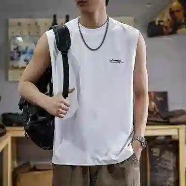 遨宇 美式休闲极简风潮牌印花绣标透气网眼针织运动学院风潮流刺绣肌理感坎肩无袖背心 男女同款