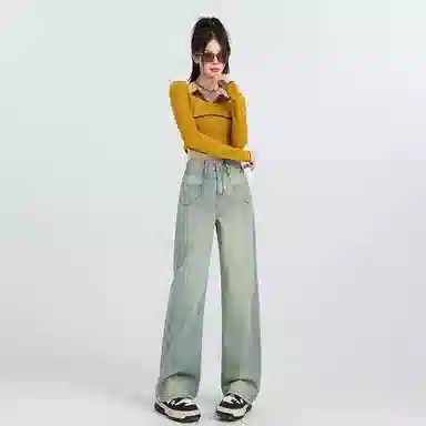 淑好百 复古阔腿口袋设计高腰牛仔裤 女款