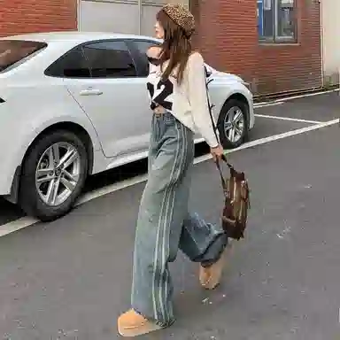 淑好百 复古高街侧条纹中低腰牛仔裤 女款