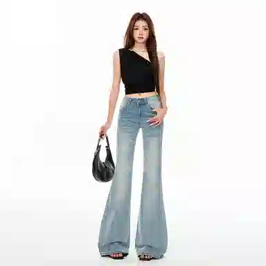 淑好百 冰蓝色低腰喇叭裤牛仔裤 女款