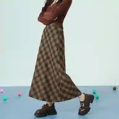 法文箱子 复古格子不规则长款休闲长裙 女款