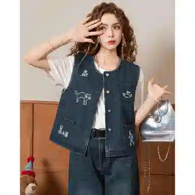 法文箱子 刺绣牛仔高级感马甲 女款